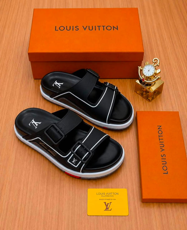 Sandales LV Trainer en cuir noire à double bride