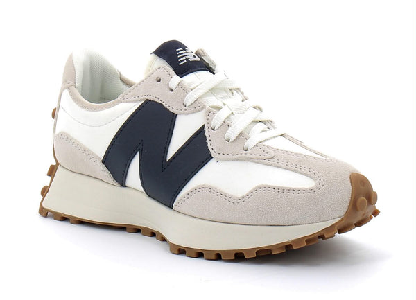 baskets New Balance 327 blanches avec logo bleu marine s