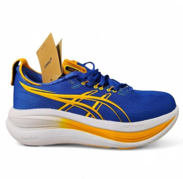 baskets ASICS GEL-NIMBUS 28 dans un coloris bleu et jaune vif