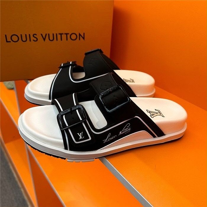 sandales LV à double bride en cuir noire et blanche