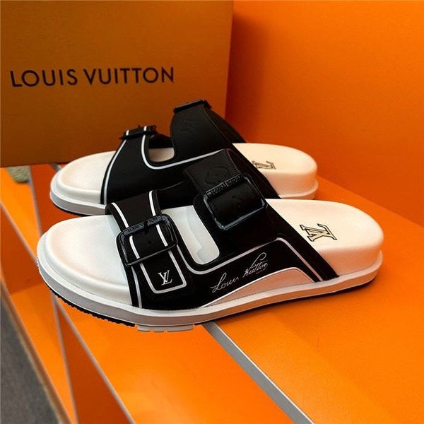 Sandales LV à double bride en cuir noire et blanche