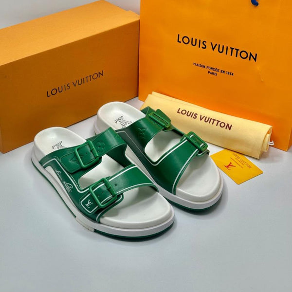 Sandales LV à double bride en cuir vert et blanc