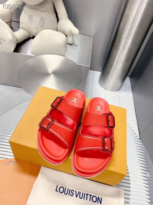 Sandales LV plates à double boucle en cuir rouge