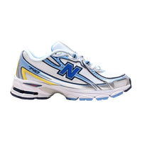 New Balance 740 blanc et bleu avec touches de jaune et d’argent