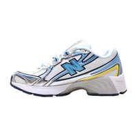 New Balance 740 blanc et bleu avec touches de jaune et d’argent
